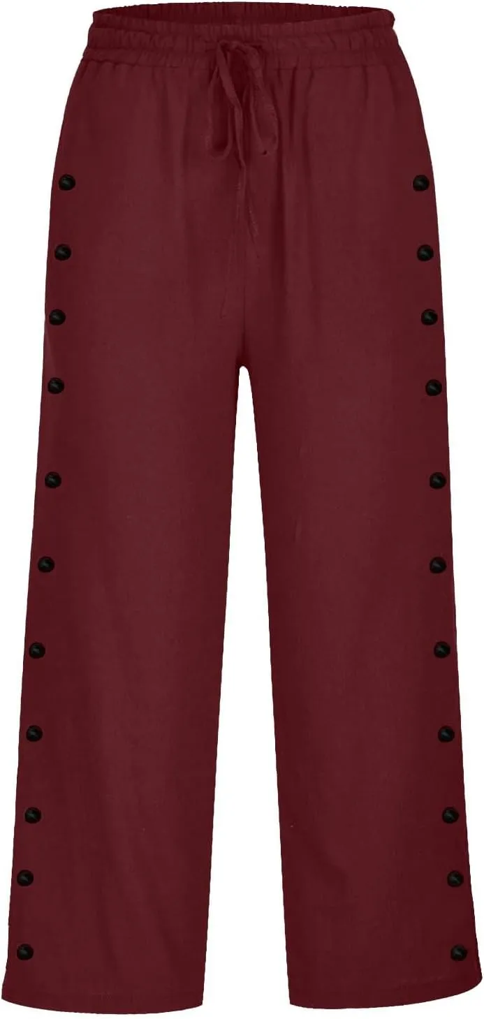 Linen Pants Women Elastic High Waisted Drawstring Beach Pant Casual Loose Side Button Wide Leg Trousers with Pocket
