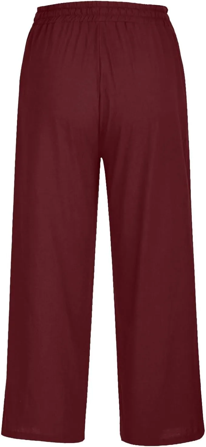 Linen Pants Women Elastic High Waisted Drawstring Beach Pant Casual Loose Side Button Wide Leg Trousers with Pocket