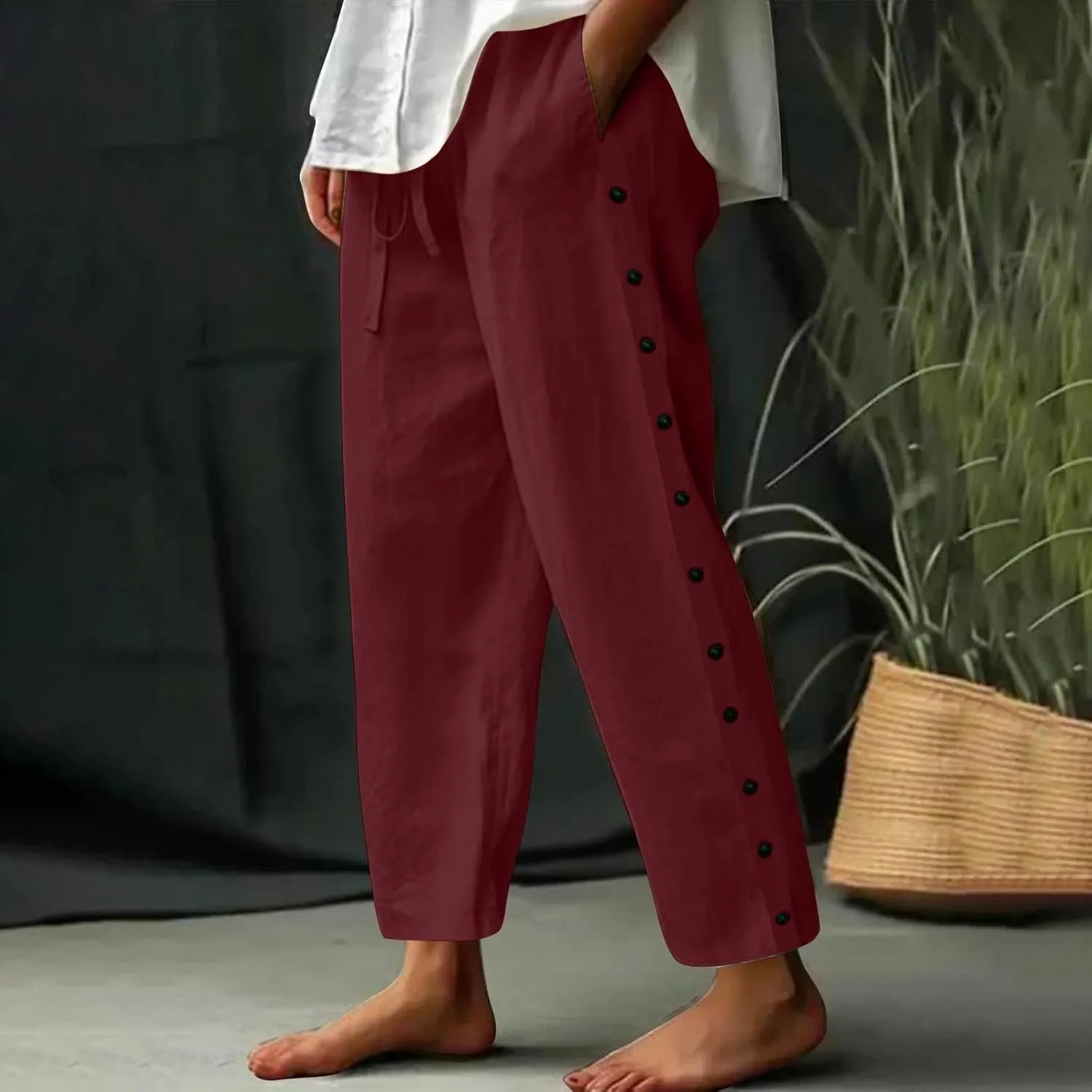 Linen Pants Women Elastic High Waisted Drawstring Beach Pant Casual Loose Side Button Wide Leg Trousers with Pocket