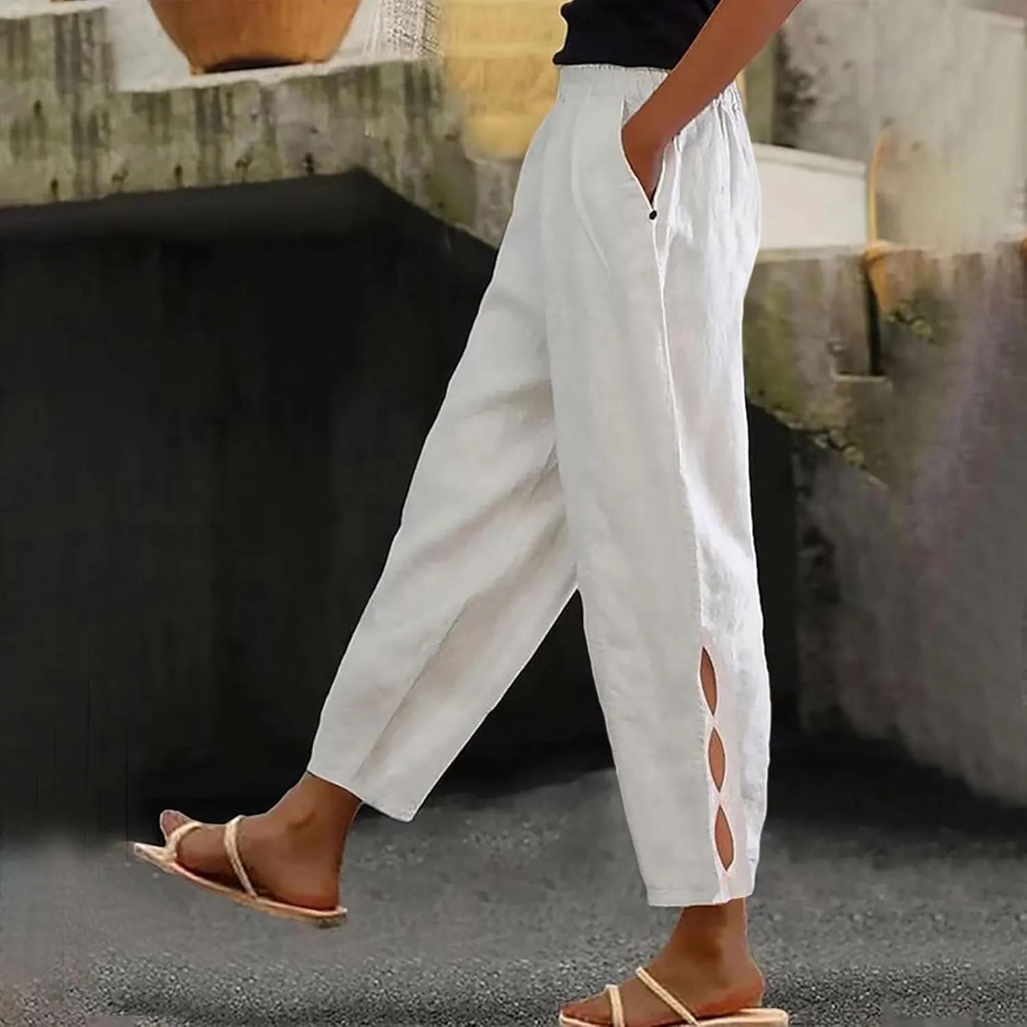 Linen Pants Women Loose Fit Lightweight Summer Loung Trousers Straight Leg Pants Casual High Waist Trousers with Pockets