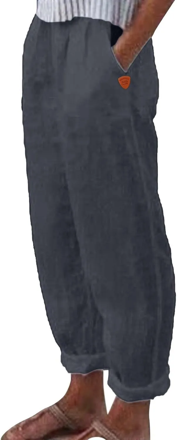 Linen Pants Women Summer Wide Leg Casual Summer High Waisted Lightweight Lounge Slacks Beach Baggy Loose Trousers