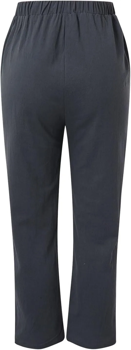 Linen Pants Women Summer Wide Leg Casual Summer High Waisted Lightweight Lounge Slacks Beach Baggy Loose Trousers