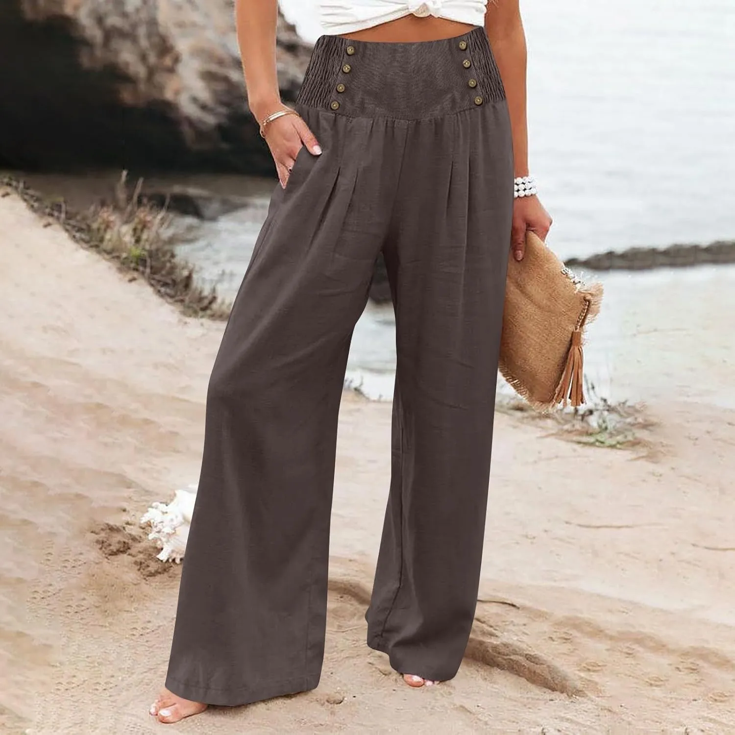 Linen Pants Women Summer Wide Leg Cotton Casual Trousers Loose Elastic Waist Button Pants with Pockets 2024