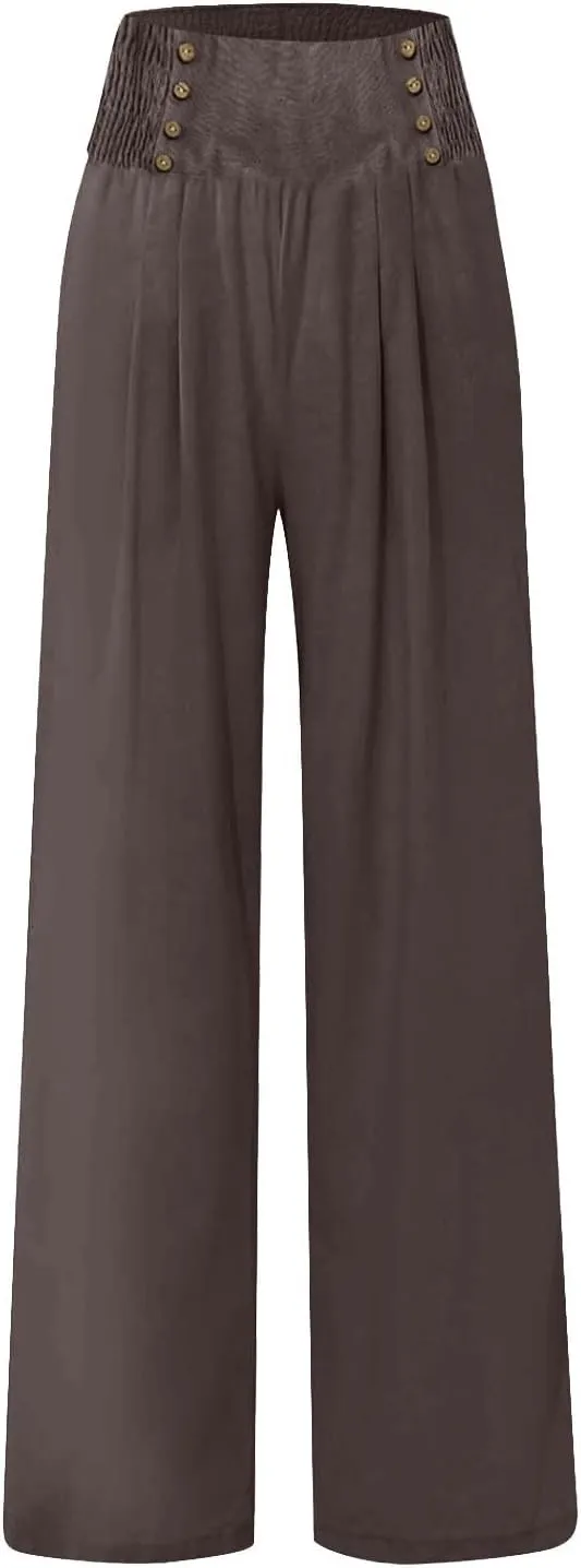 Linen Pants Women Summer Wide Leg Cotton Casual Trousers Loose Elastic Waist Button Pants with Pockets 2024