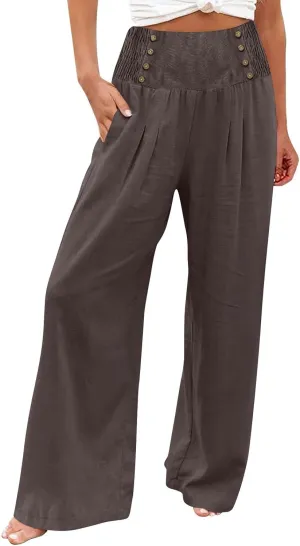 Linen Pants Women Summer Wide Leg Cotton Casual Trousers Loose Elastic Waist Button Pants with Pockets 2024