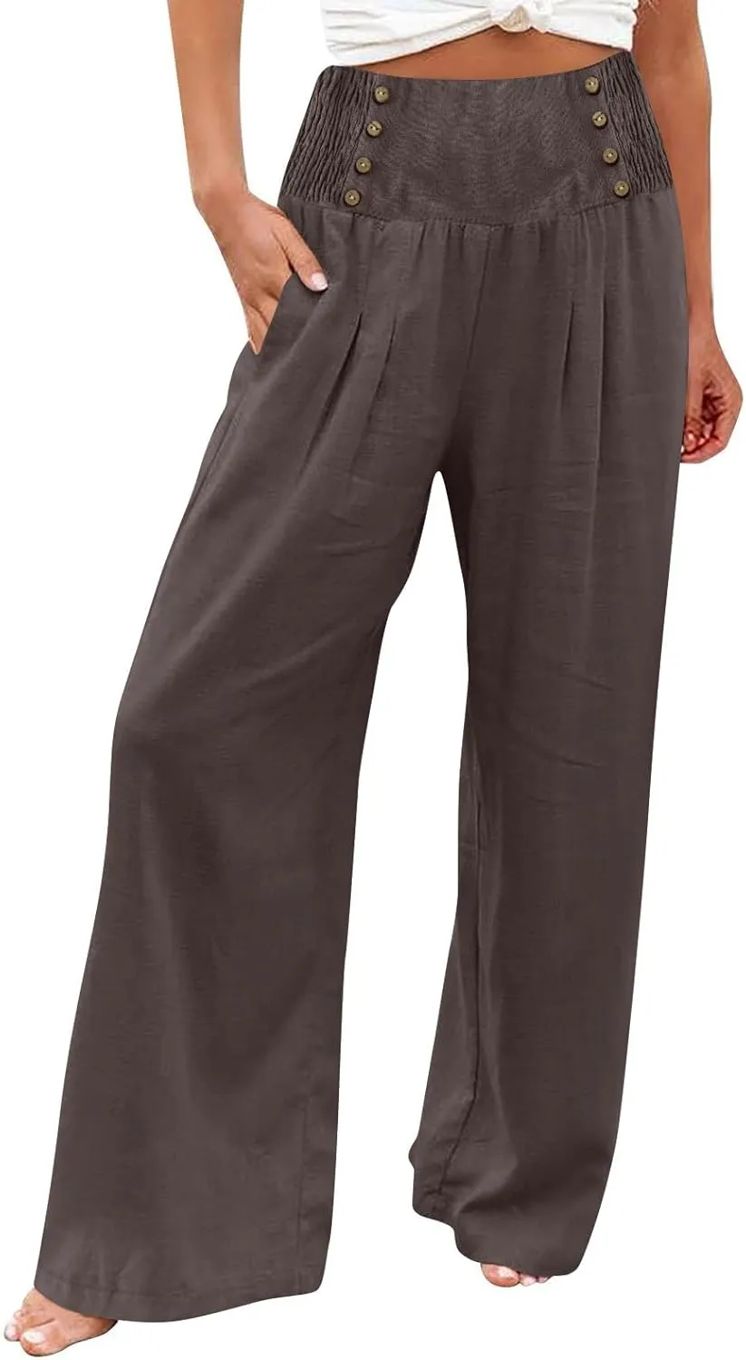 Linen Pants Women Summer Wide Leg Cotton Casual Trousers Loose Elastic Waist Button Pants with Pockets 2024
