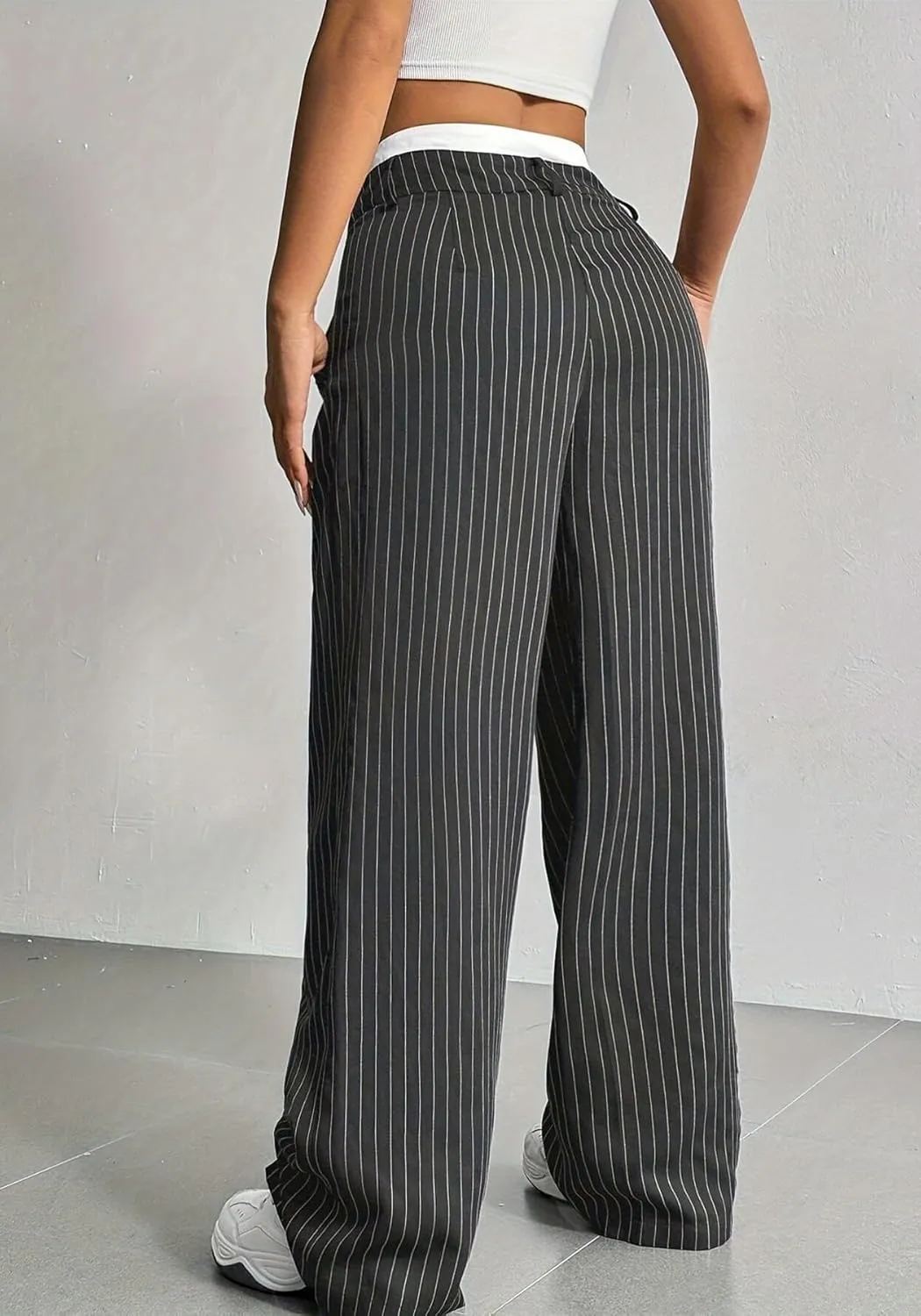 LKOUS Dress Pants Women High Waist,Casual Work Wide Leg Pant Striped Straight Trousers with Pockets