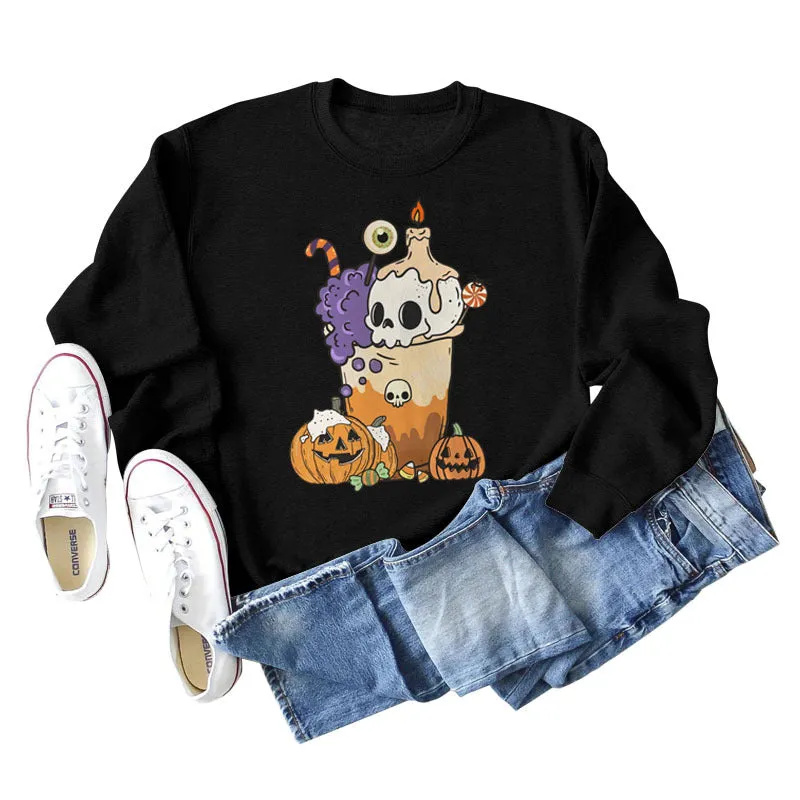 Loose Pumpkin Skull Spider Print Long-sleeved Sweater Women