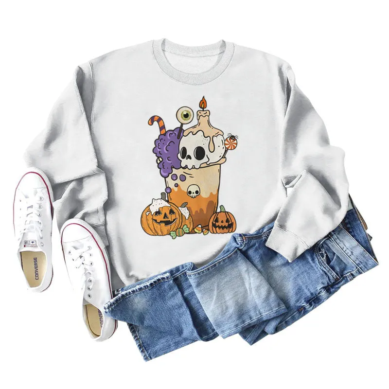Loose Pumpkin Skull Spider Print Long-sleeved Sweater Women