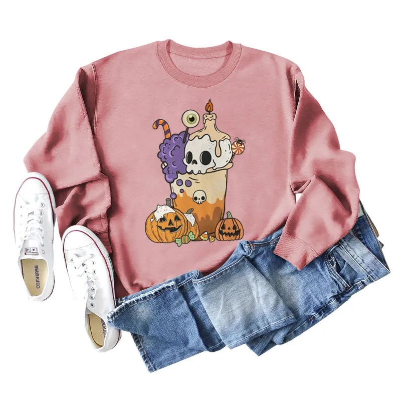 Loose Pumpkin Skull Spider Print Long-sleeved Sweater Women