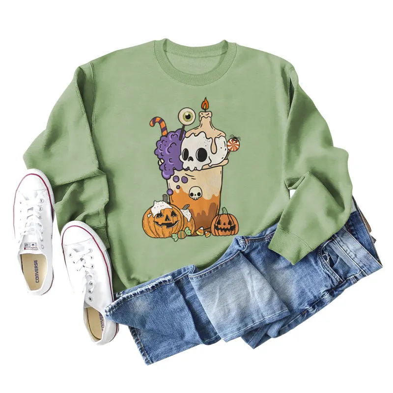 Loose Pumpkin Skull Spider Print Long-sleeved Sweater Women