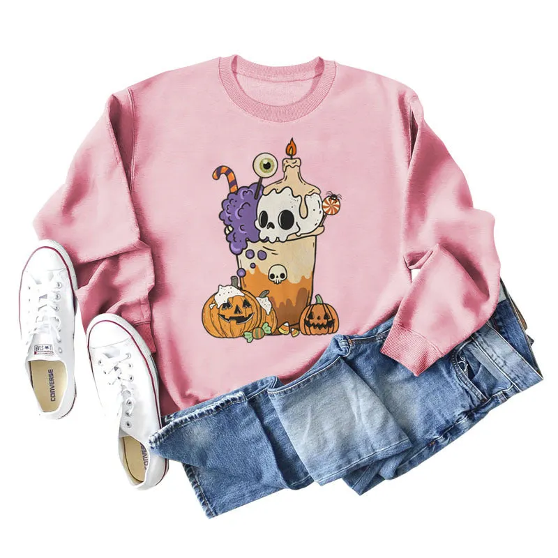 Loose Pumpkin Skull Spider Print Long-sleeved Sweater Women
