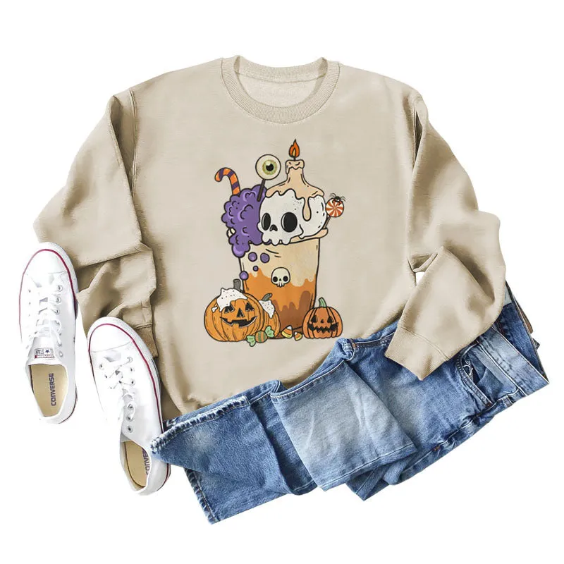 Loose Pumpkin Skull Spider Print Long-sleeved Sweater Women
