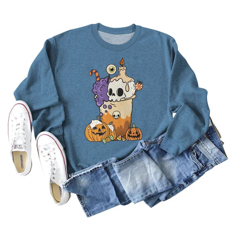 Loose Pumpkin Skull Spider Print Long-sleeved Sweater Women