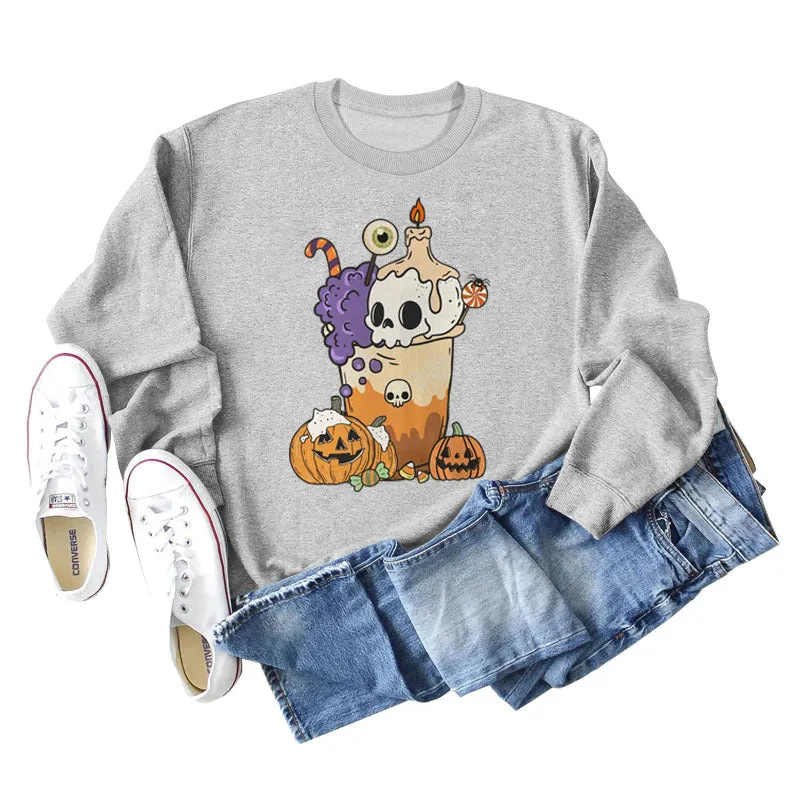 Loose Pumpkin Skull Spider Print Long-sleeved Sweater Women