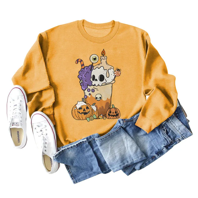 Loose Pumpkin Skull Spider Print Long-sleeved Sweater Women
