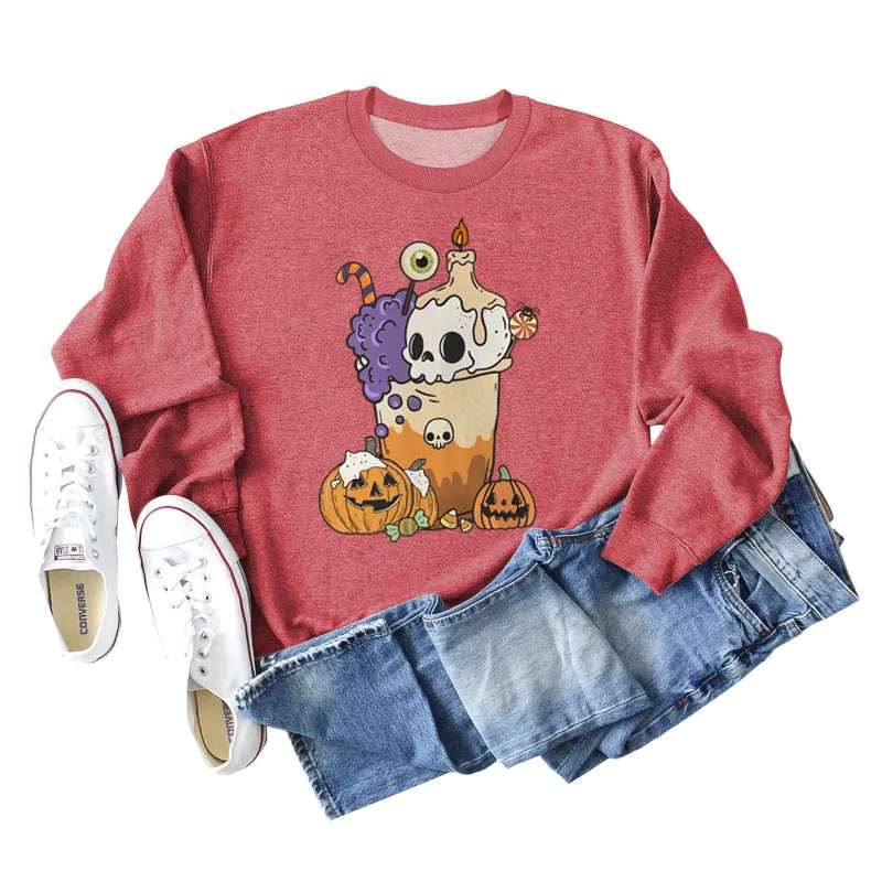Loose Pumpkin Skull Spider Print Long-sleeved Sweater Women