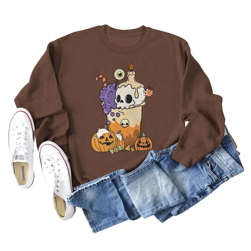 Loose Pumpkin Skull Spider Print Long-sleeved Sweater Women