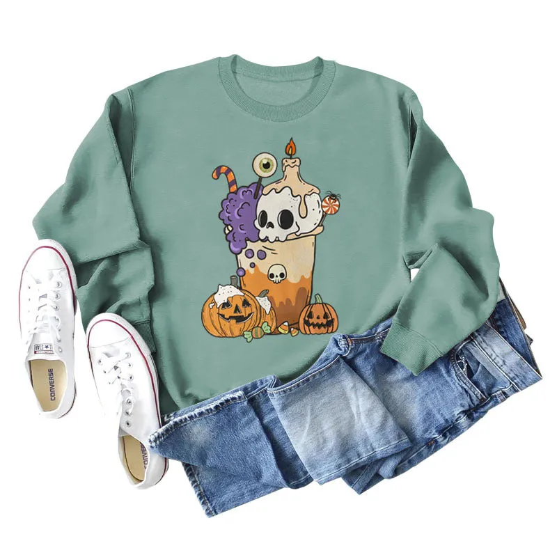 Loose Pumpkin Skull Spider Print Long-sleeved Sweater Women