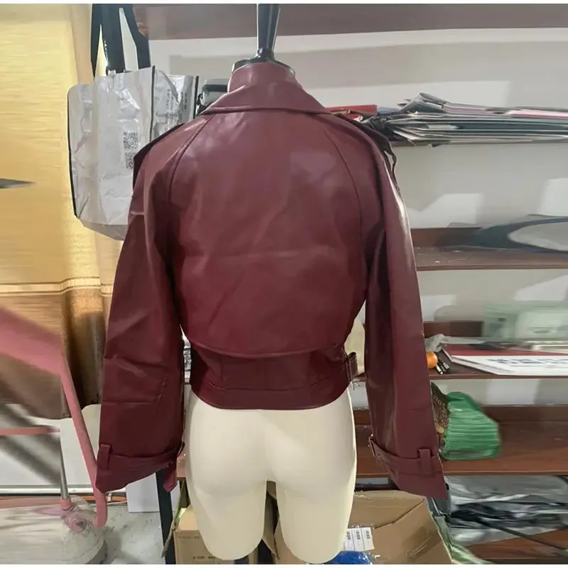 Lousi Leather Vintage Turn-down Collar Short