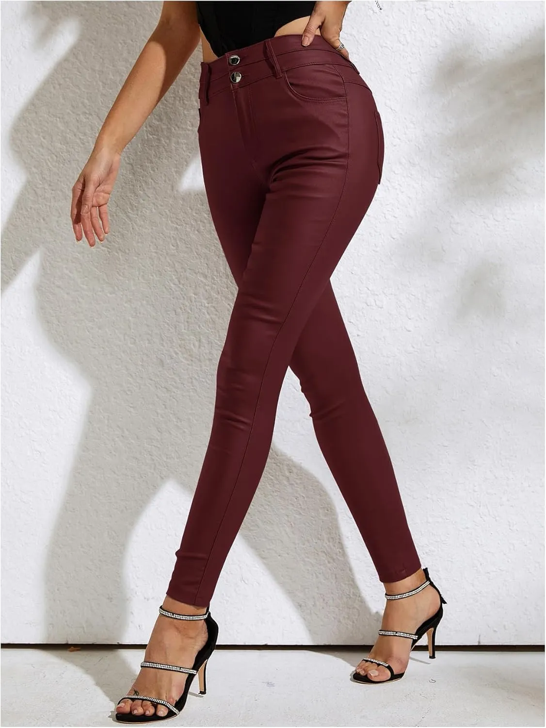 MakeMeChic Women's Faux Leather Skinny Pants Button Front High Waisted PU Leather Leggings Pants