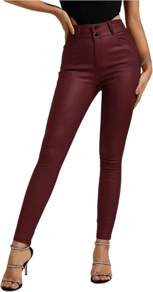 MakeMeChic Women's Faux Leather Skinny Pants Button Front High Waisted PU Leather Leggings Pants