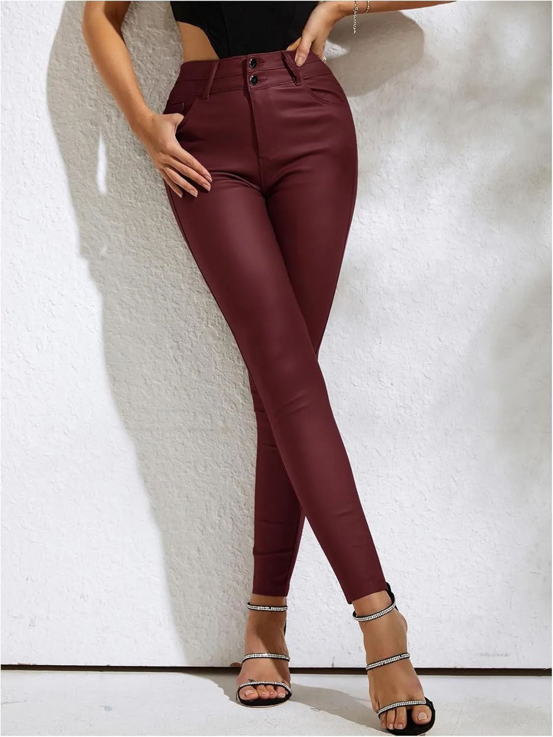 MakeMeChic Women's Faux Leather Skinny Pants Button Front High Waisted PU Leather Leggings Pants