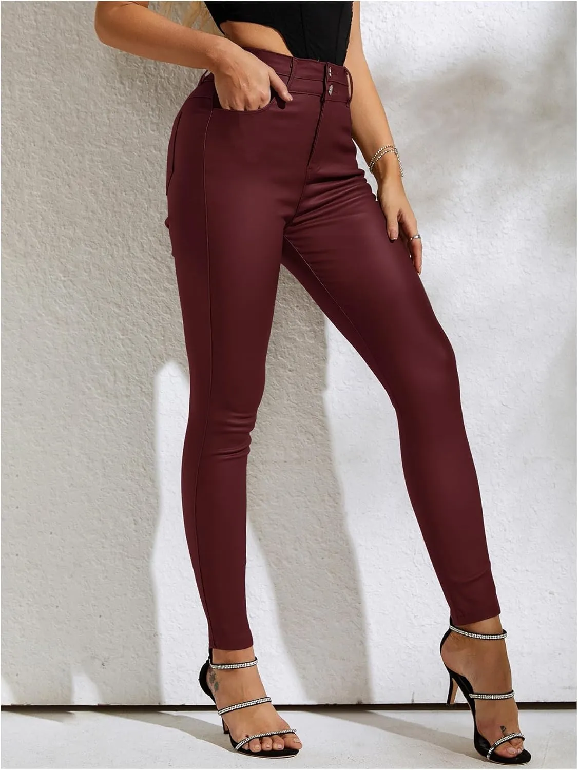 MakeMeChic Women's Faux Leather Skinny Pants Button Front High Waisted PU Leather Leggings Pants