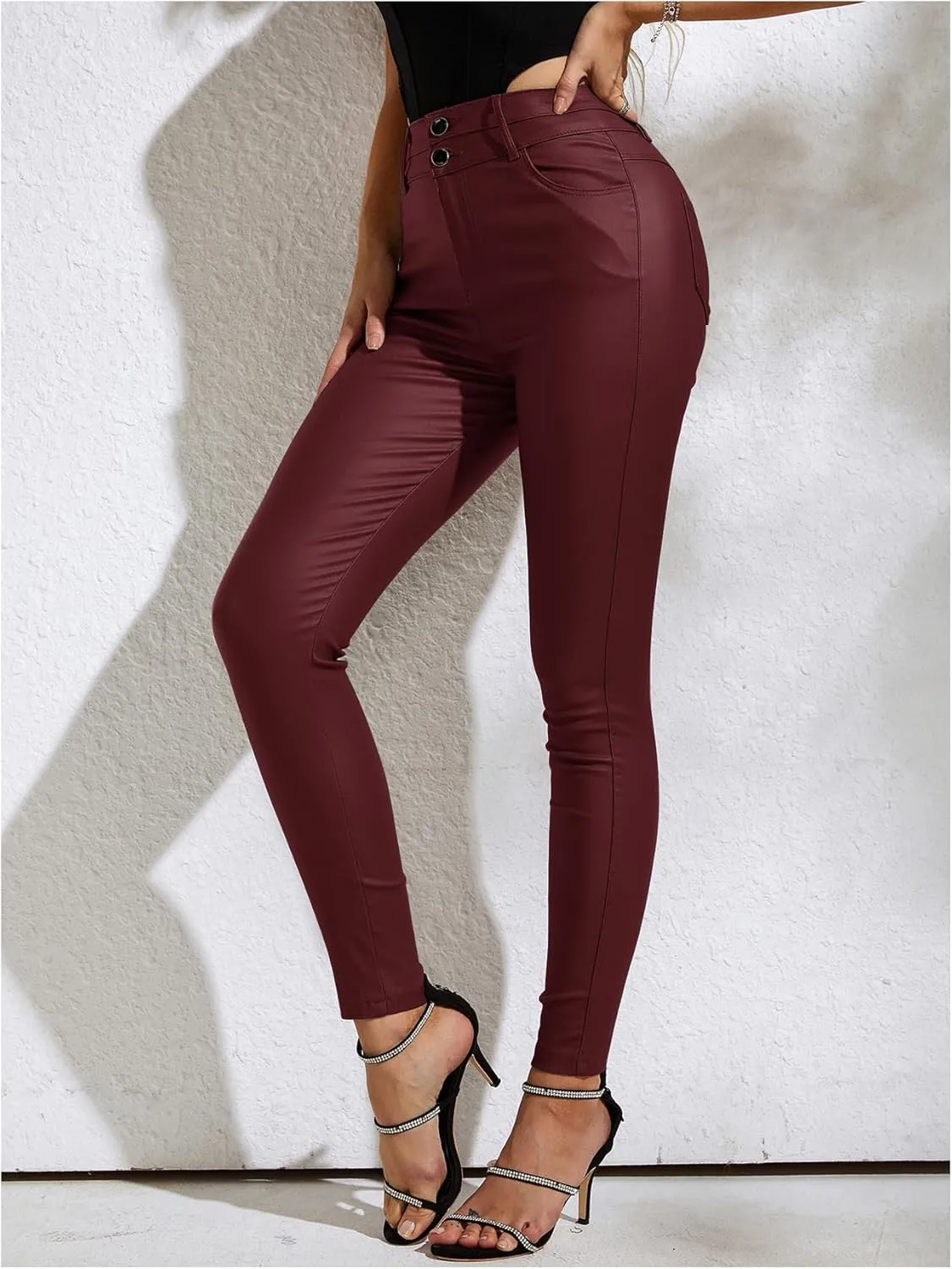 MakeMeChic Women's Faux Leather Skinny Pants Button Front High Waisted PU Leather Leggings Pants