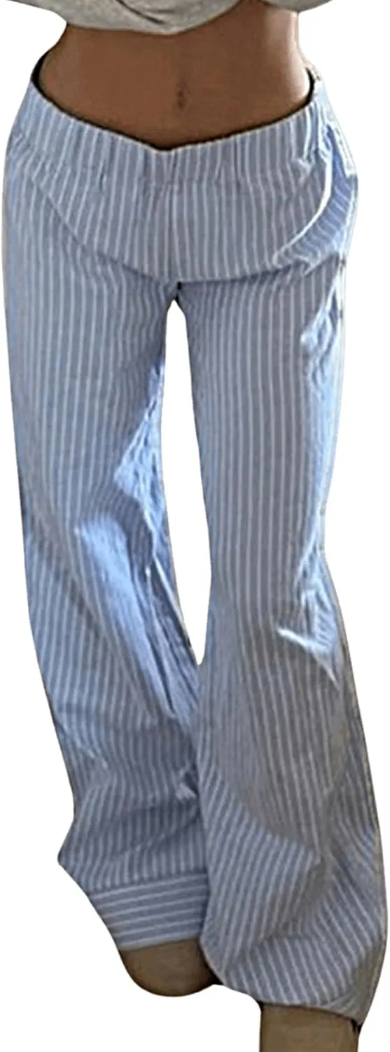 MakeMeChic Women's Y2K Striped Pants Elastic Low Rise Bell Bottoms Wide Leg Lounge Pants