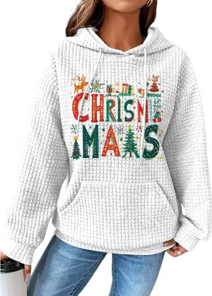 MARSVOVO Christmas Hoodies For Women Waffle Long Sleeve Sweatshirt Novelty Christmas Graphic Pullover Top With Pocket