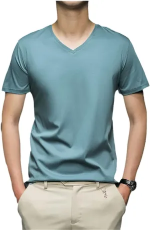 Men Cotton Short Sleeve T Shirt Summer Solid Color V-Neck T-Shirt Undershirts Slim Fit Casual Tee Tops White