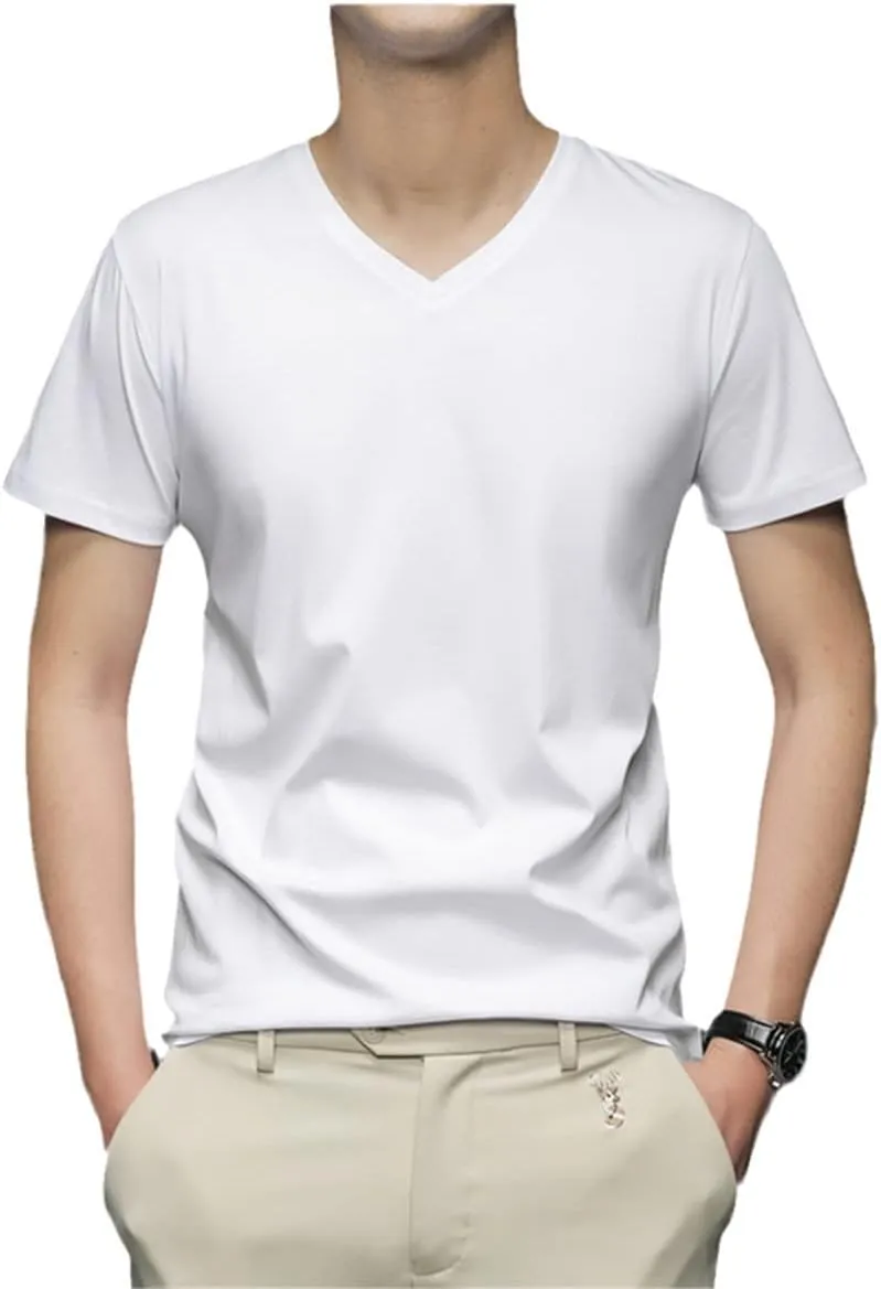 Men Cotton Short Sleeve T Shirt Summer Solid Color V-Neck T-Shirt Undershirts Slim Fit Casual Tee Tops White