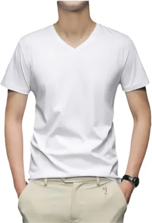 Men Cotton Short Sleeve T Shirt Summer Solid Color V-Neck T-Shirt Undershirts Slim Fit Casual Tee Tops White