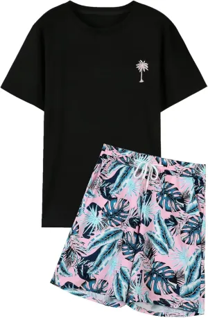 Mens 2 Piece Outfits Graphic Printed Matching Shirt and Shorts Set with Pocket Drawstring