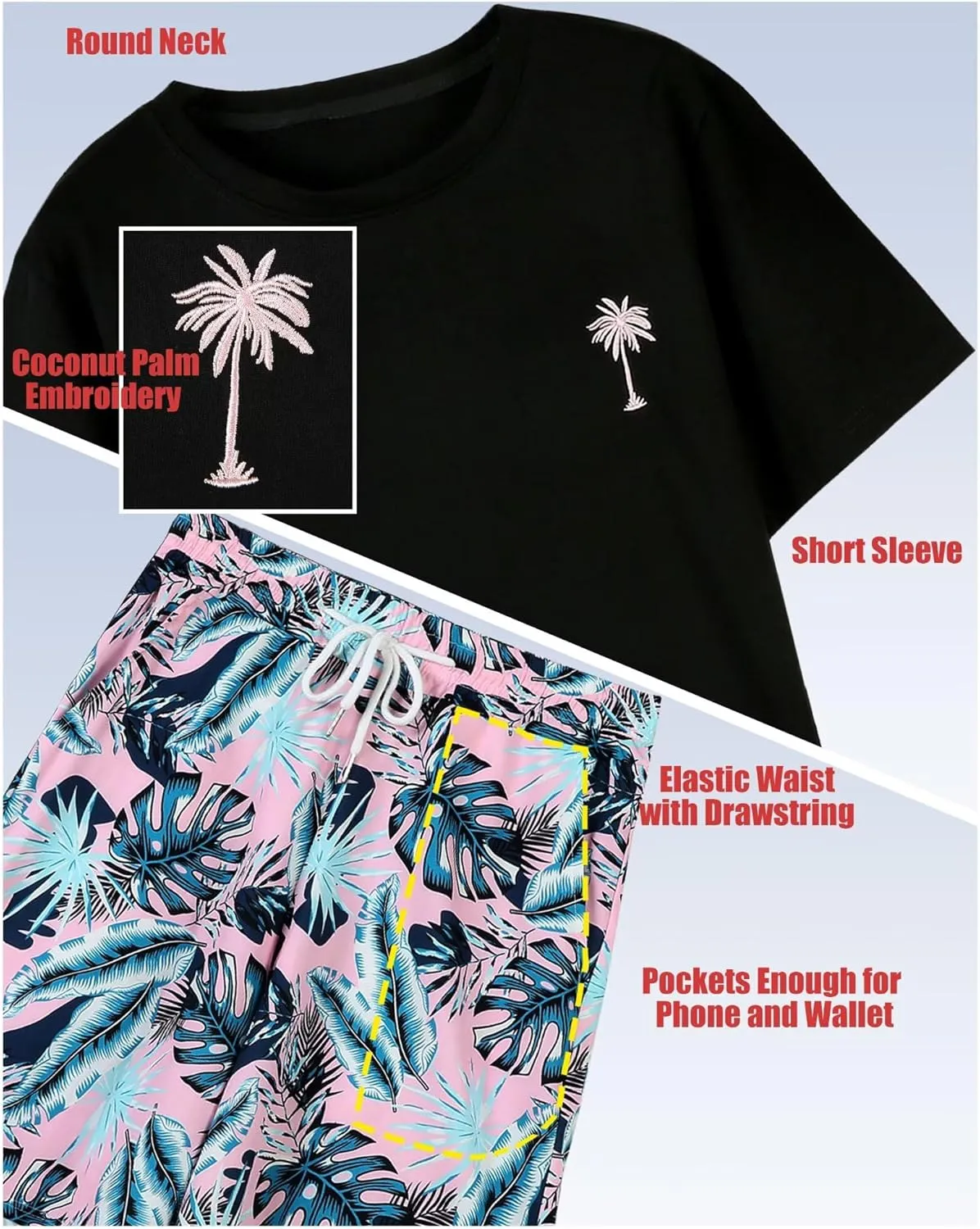 Mens 2 Piece Outfits Graphic Printed Matching Shirt and Shorts Set with Pocket Drawstring