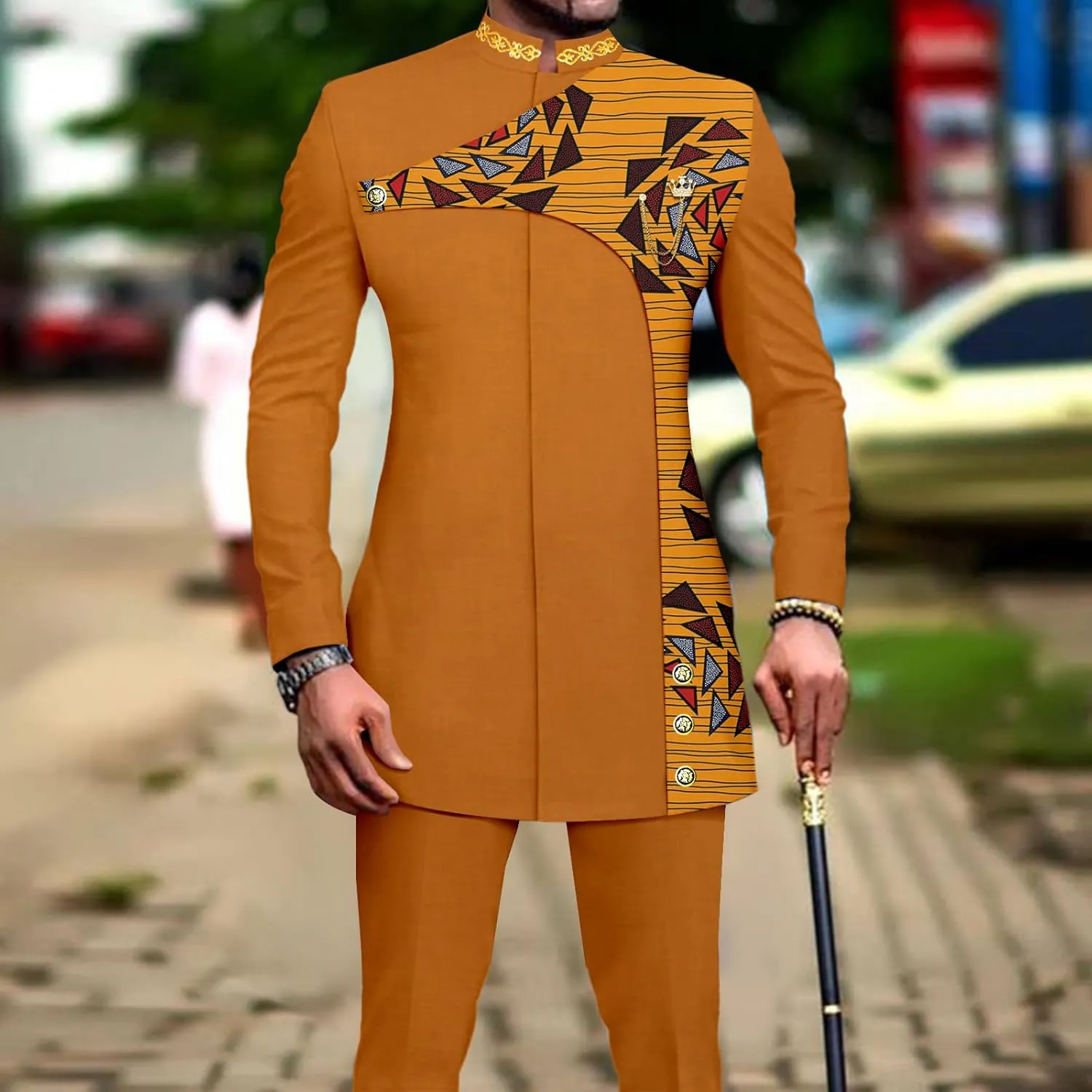 Men's 2 Pieces Suit Elegant Single Breated Slim Fit Embroidery Print Blazer Pants Set African Clothes