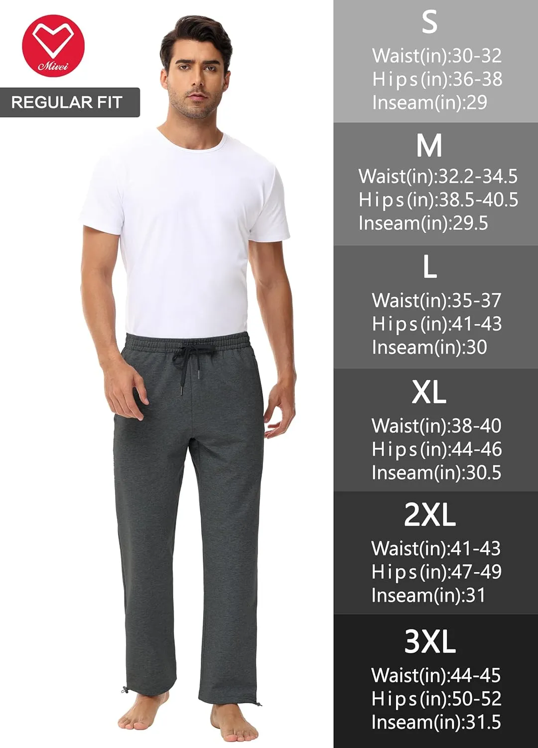 Men's 30" 34" 36" Cotton Yoga Sweatpants - Athletic Casual Lounge Open Bottom Straight Leg Loose Pants Zipper Pockets
