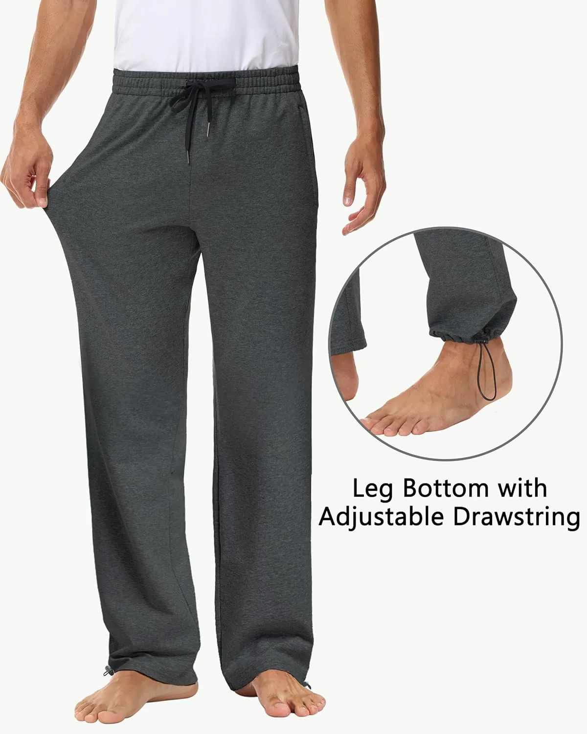 Men's 30" 34" 36" Cotton Yoga Sweatpants - Athletic Casual Lounge Open Bottom Straight Leg Loose Pants Zipper Pockets