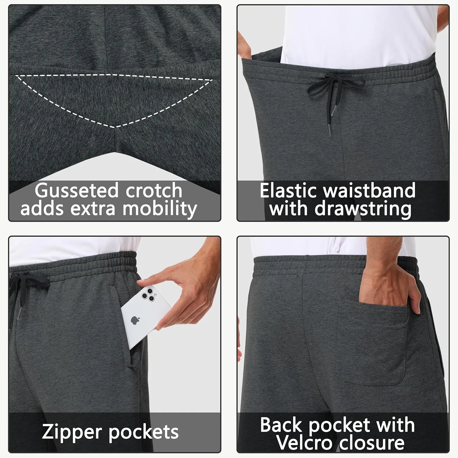 Men's 30" 34" 36" Cotton Yoga Sweatpants - Athletic Casual Lounge Open Bottom Straight Leg Loose Pants Zipper Pockets