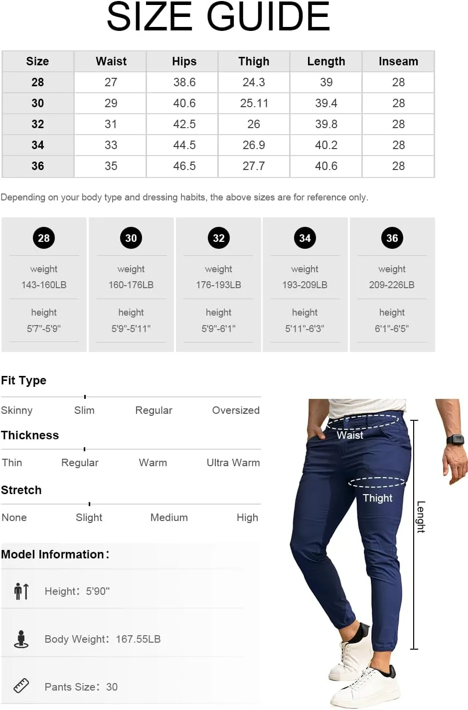 Men's 4-Way Stretch Slim Tapered Fit Golf Joggers -30" 28" 26" Inseam Nylon