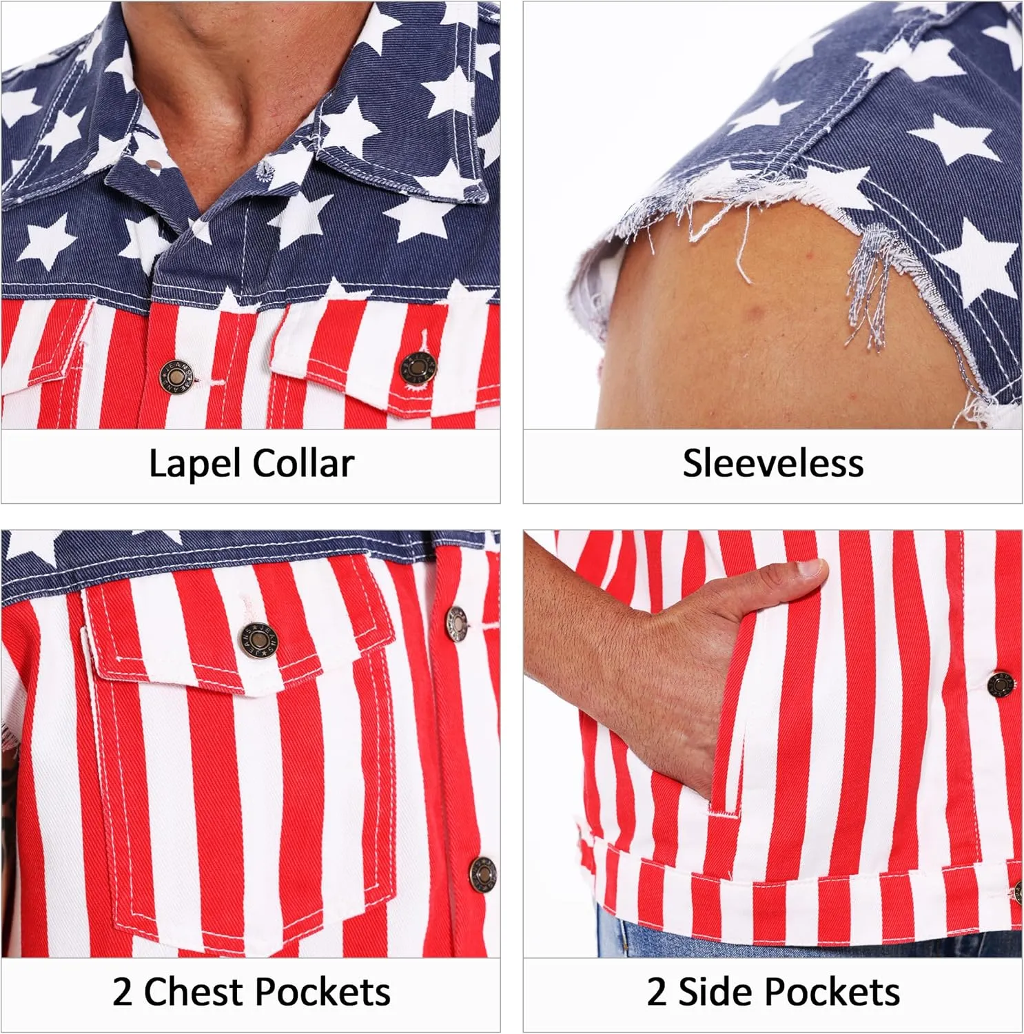 Men's American Flag Denim Vest Retro 4th of July Patriotic Sleeveless Jean Jacket Shirt Casual Loose Fit Lapel Vest