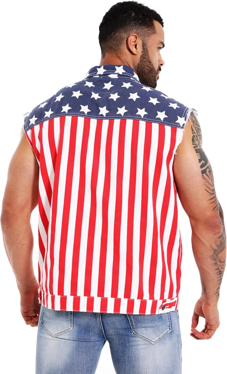 Men's American Flag Denim Vest Retro 4th of July Patriotic Sleeveless Jean Jacket Shirt Casual Loose Fit Lapel Vest