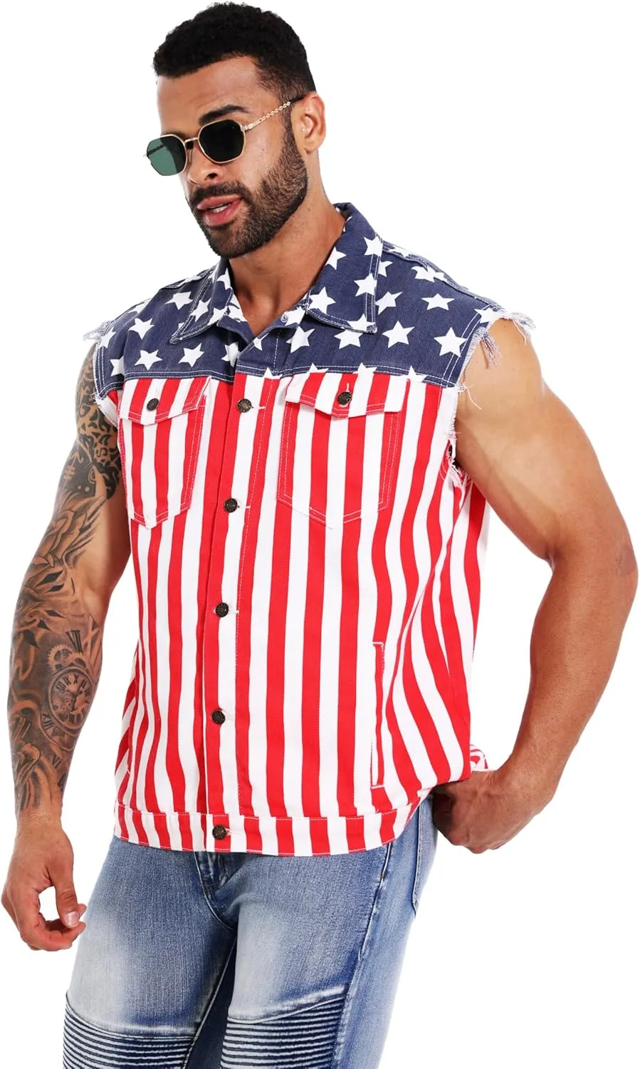 Men's American Flag Denim Vest Retro 4th of July Patriotic Sleeveless Jean Jacket Shirt Casual Loose Fit Lapel Vest
