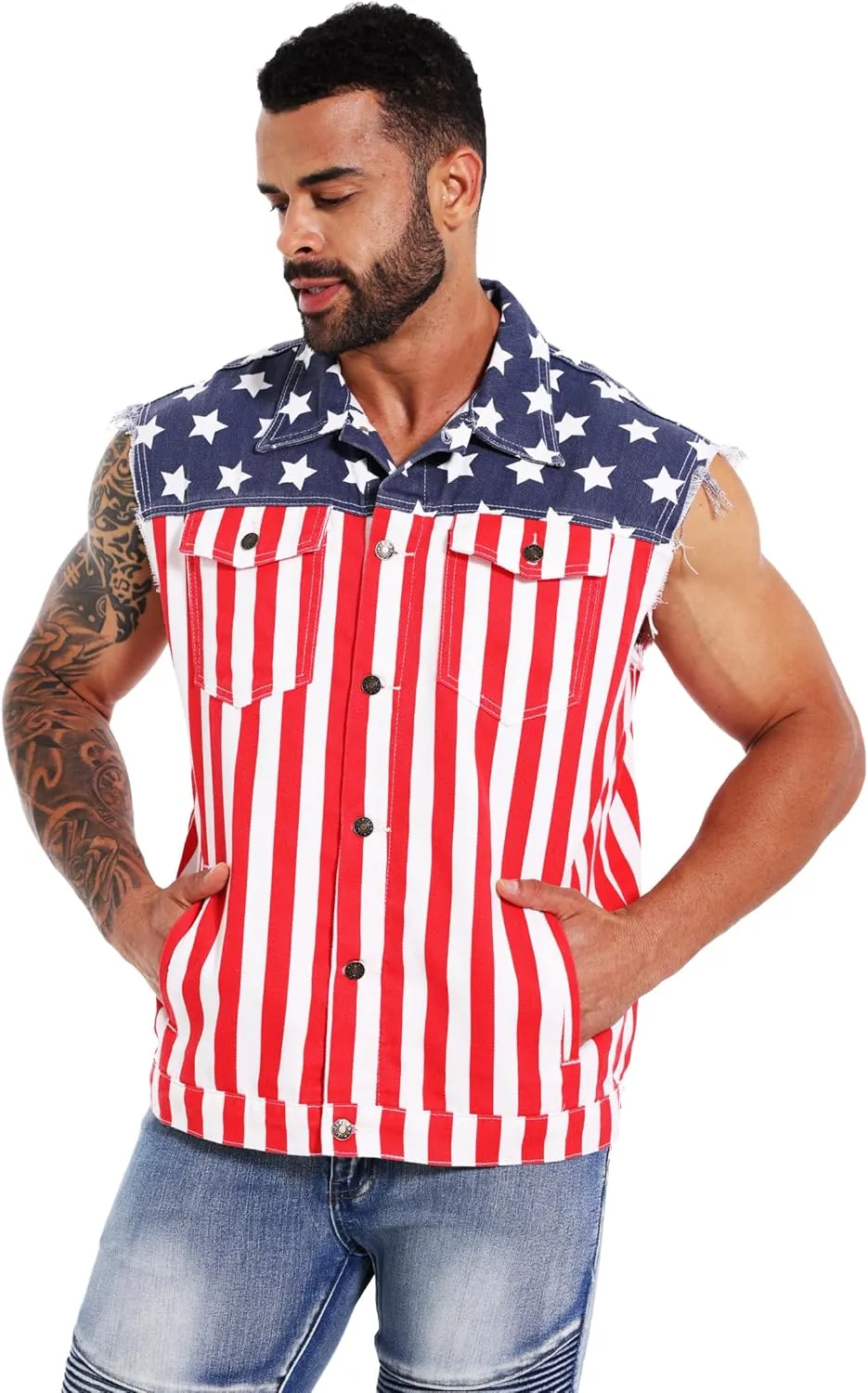Men's American Flag Denim Vest Retro 4th of July Patriotic Sleeveless Jean Jacket Shirt Casual Loose Fit Lapel Vest
