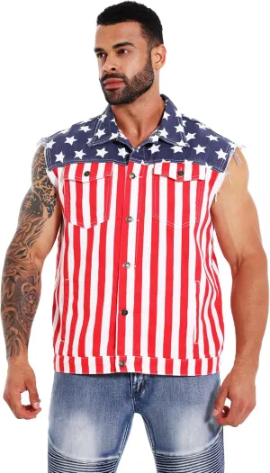 Men's American Flag Denim Vest Retro 4th of July Patriotic Sleeveless Jean Jacket Shirt Casual Loose Fit Lapel Vest