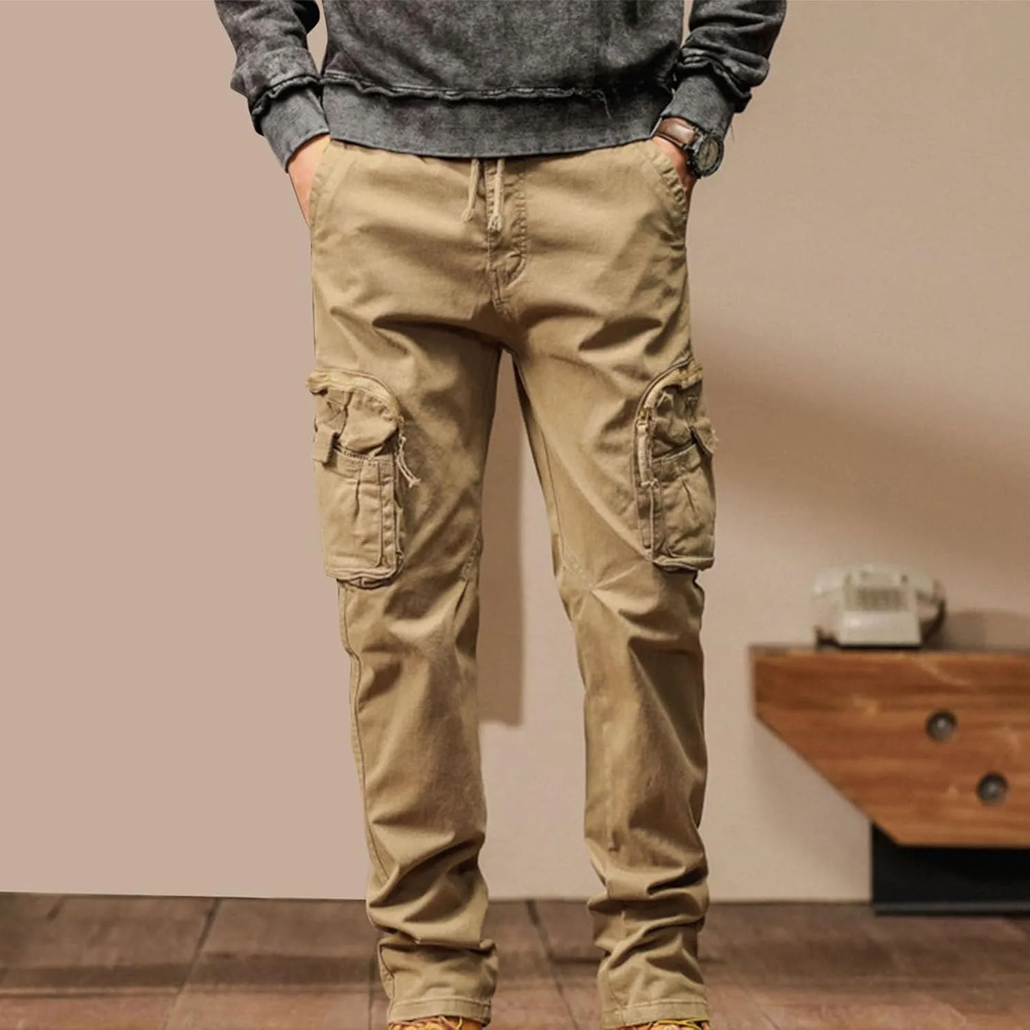 Men's Cargo Pants Outdoor Tactical Work Elastic Waist Pants for Men Slim Fit Athletic Hiking Fishing Travel Pants