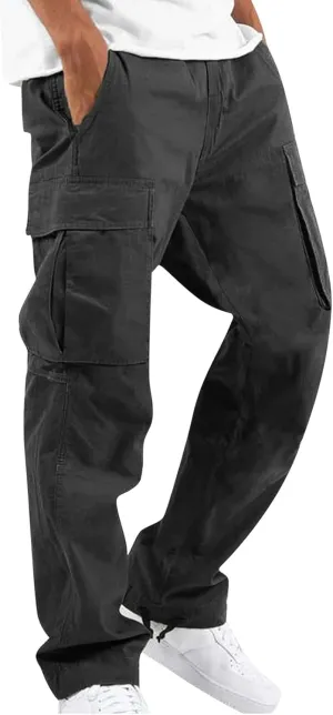 Mens Cargo Sweatpants Drawstring Waist Loose Fit Work Cargo Pants Casual Lightweight Straight Leg Pants with Pockets