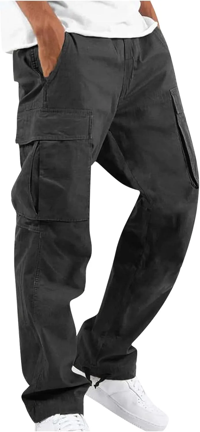Mens Cargo Sweatpants Drawstring Waist Loose Fit Work Cargo Pants Casual Lightweight Straight Leg Pants with Pockets
