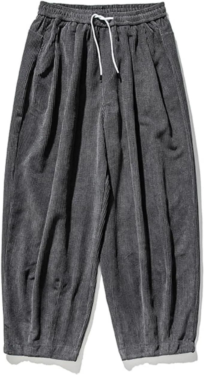 Men's Corduroy Harem Pants Drawstring Stretch Waist Loose Pants Wide Leg Baggy Tapered Trouser